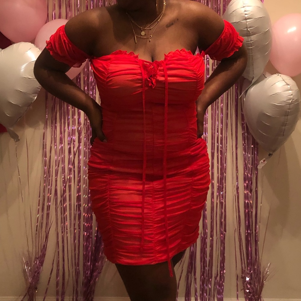 Neon red off the shoulder lace up ruched dress
